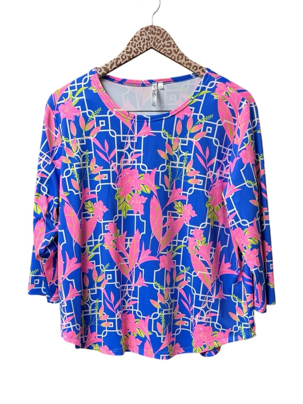Lulu B Long Sleeve Pullover Blouse Top Geometric Floral Blue Pink XL